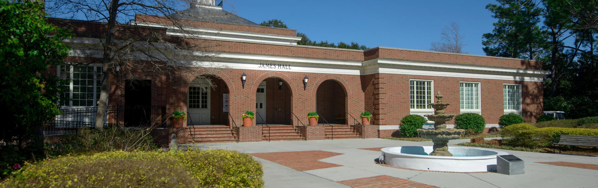 The James Hall building and fountain