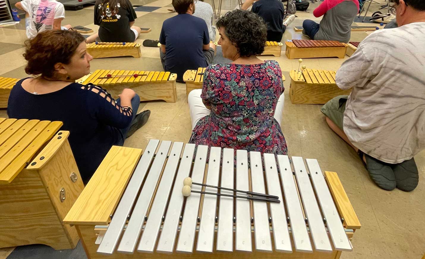 Music education students with metallophones sitting down