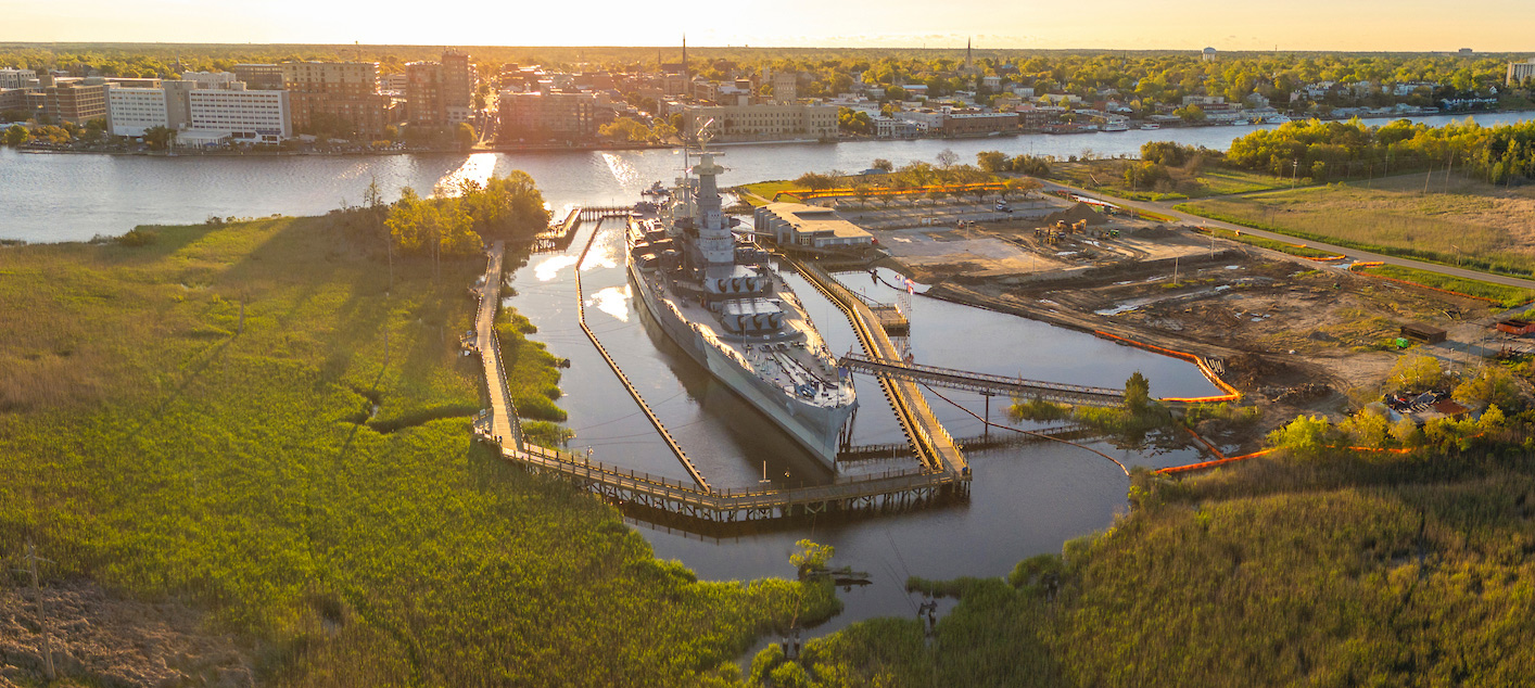 aerial view of the Battleship North Carolina in downtown Wilmington