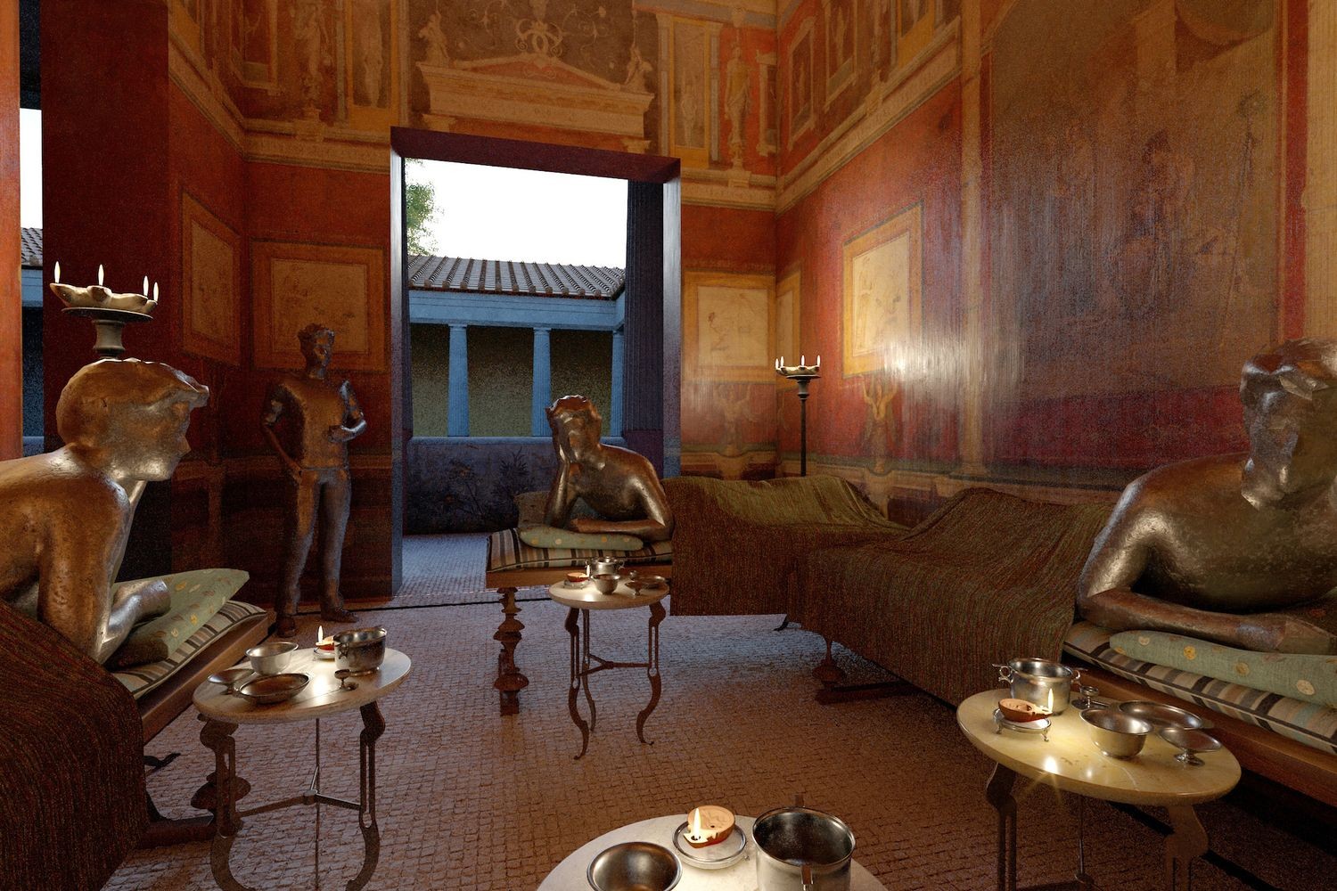 An illustrative display depicting a Roman living space with silver tableware