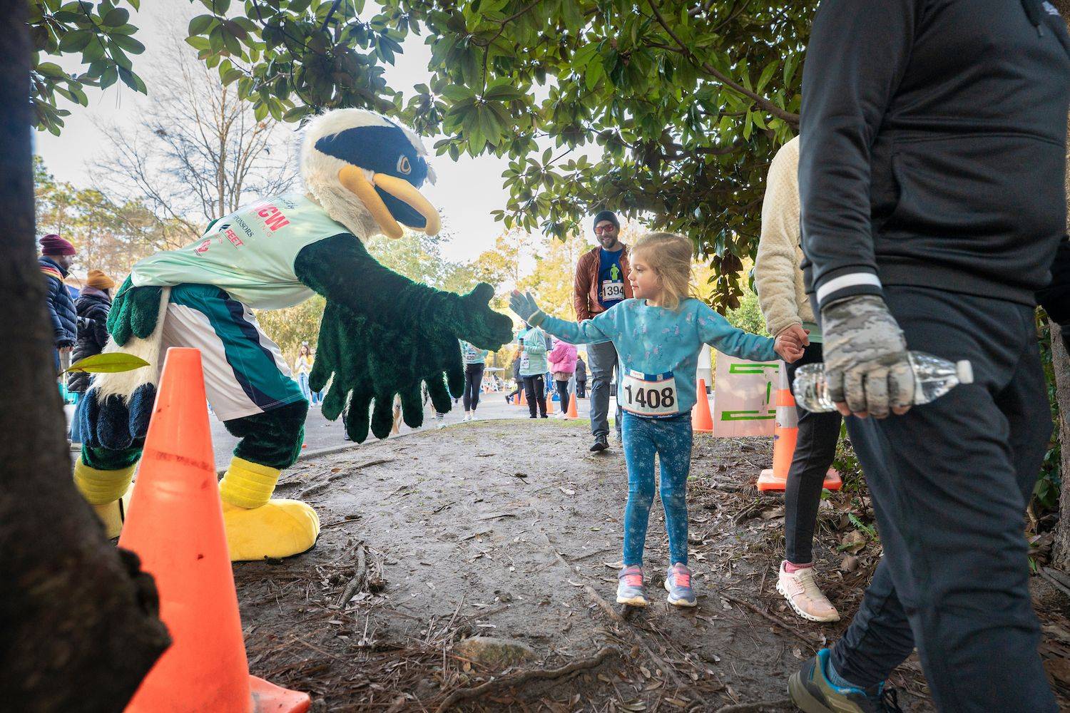 Our mascot Sammy Seahawk welcomes community runners for the 2nd Annual Seahawk Run
