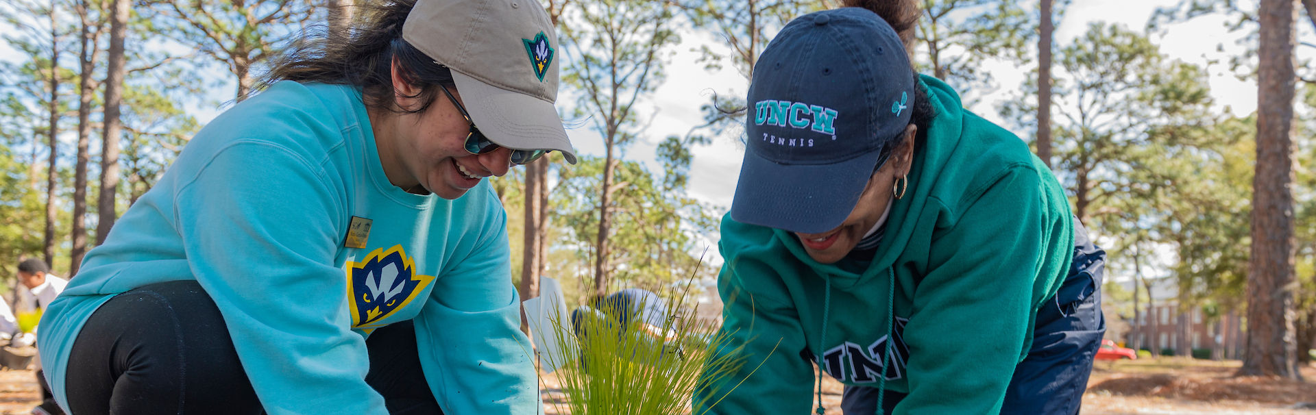 Two students planting a tree