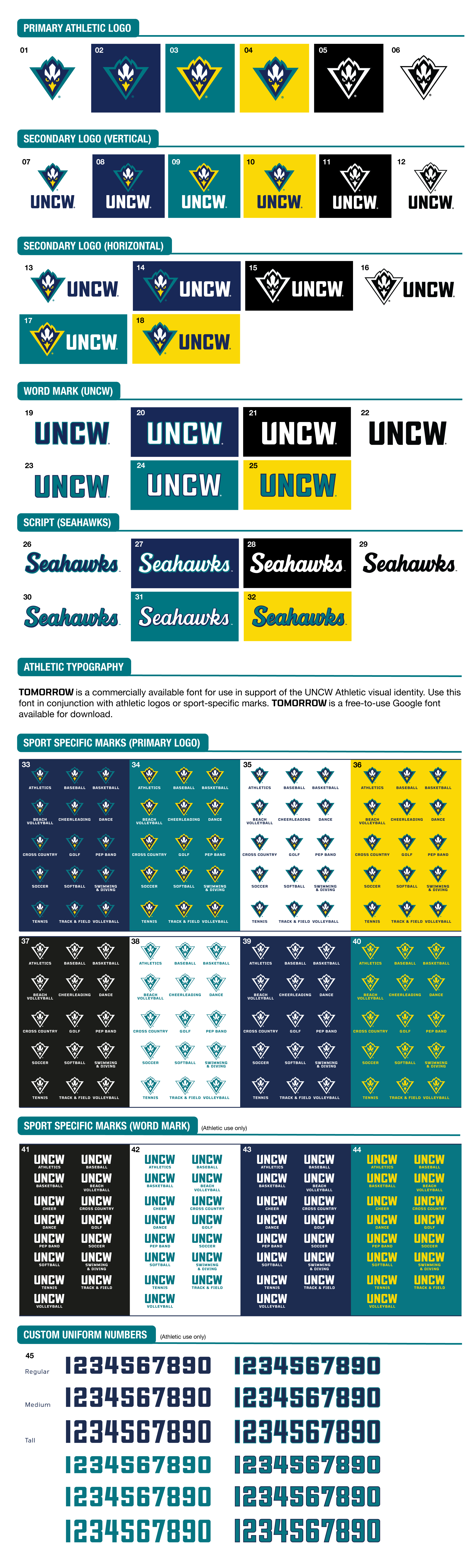 42 options of the UNCW athletic logos that vary in design and color. Choose from primary marks, secondary marks, word marks and sport specific marks. 