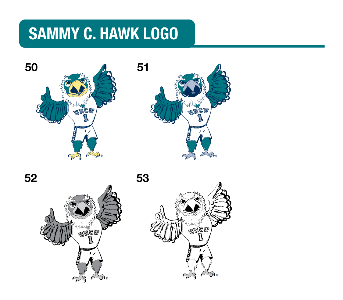 Below, you will find 4 options for the UNCW Sammy C. Hawk marks that vary in color. If you need assistance with the options below, please contact us.